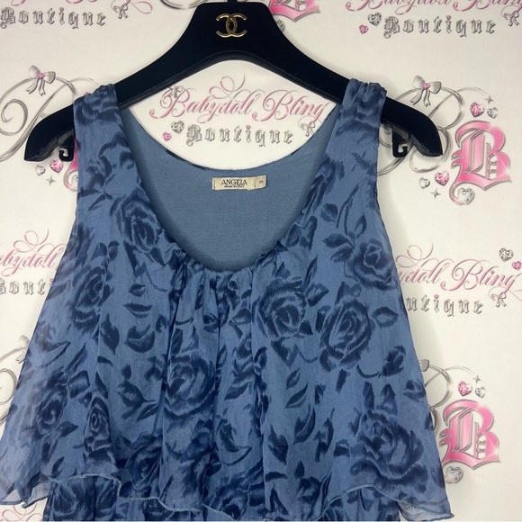 Angela silk tank top made in Italy blue roses tiered ruffle frill stunning shirt - Picture 2 of 6